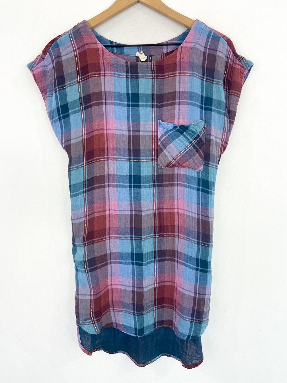 Anthropologie Gauzy Plaid High Low Tunic Top Akemi + Kin Cap Sleeves Small